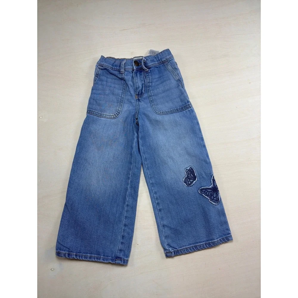 OshKosh Bgosh Girls Blue Butterfly Embroidered Wide Leg Jeans Size 5 5A
